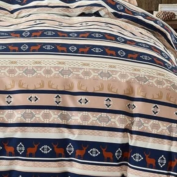 New 3 Piece Brown & Navy Aztec/Deer Pattern Duvet Cover Set • DoubleQueen Size - Picture 3 of 3